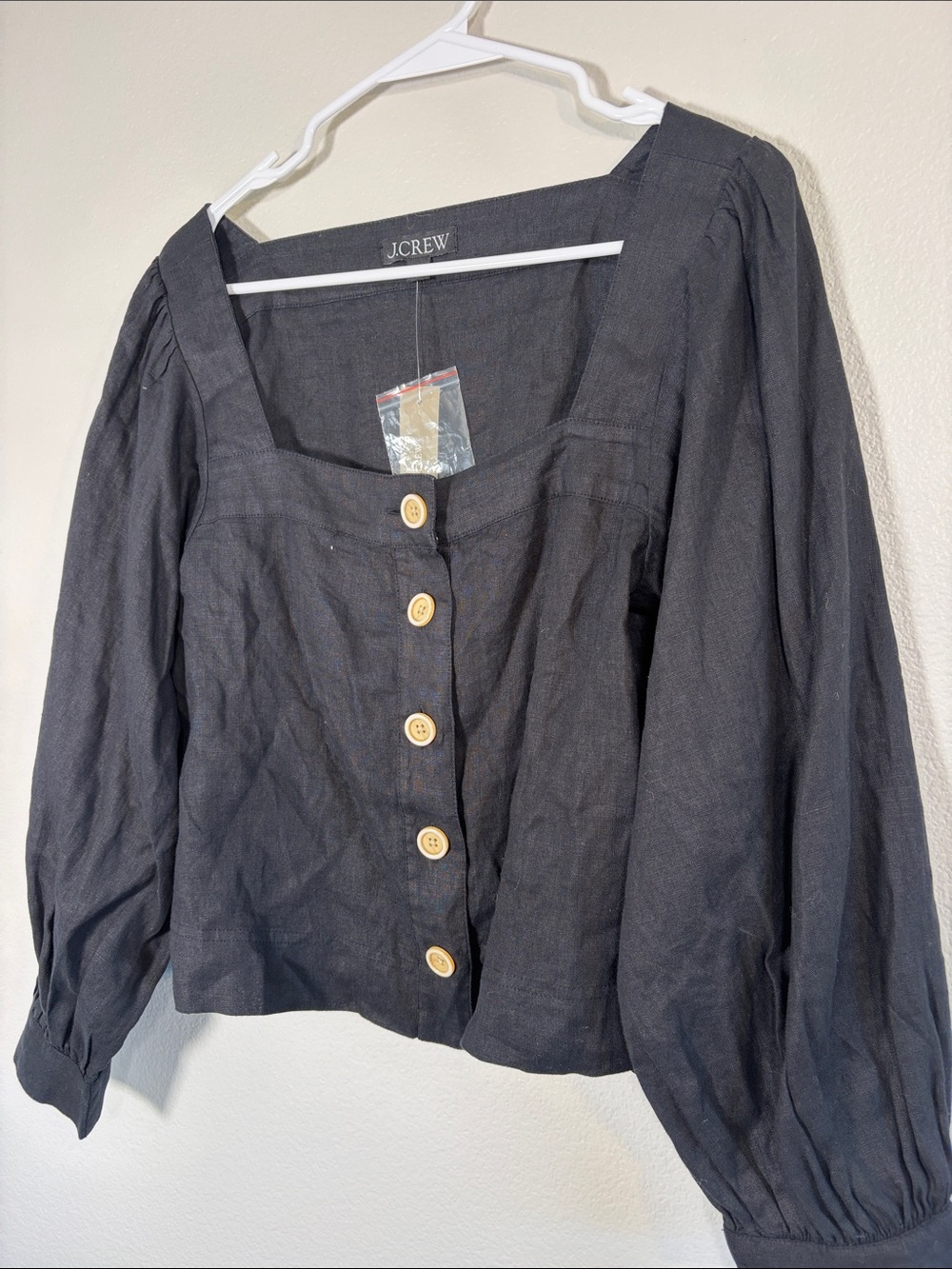 NWT J Crew Linen Black Square Neck Button Front Long Sleeve - S - Picture 2 of 5
